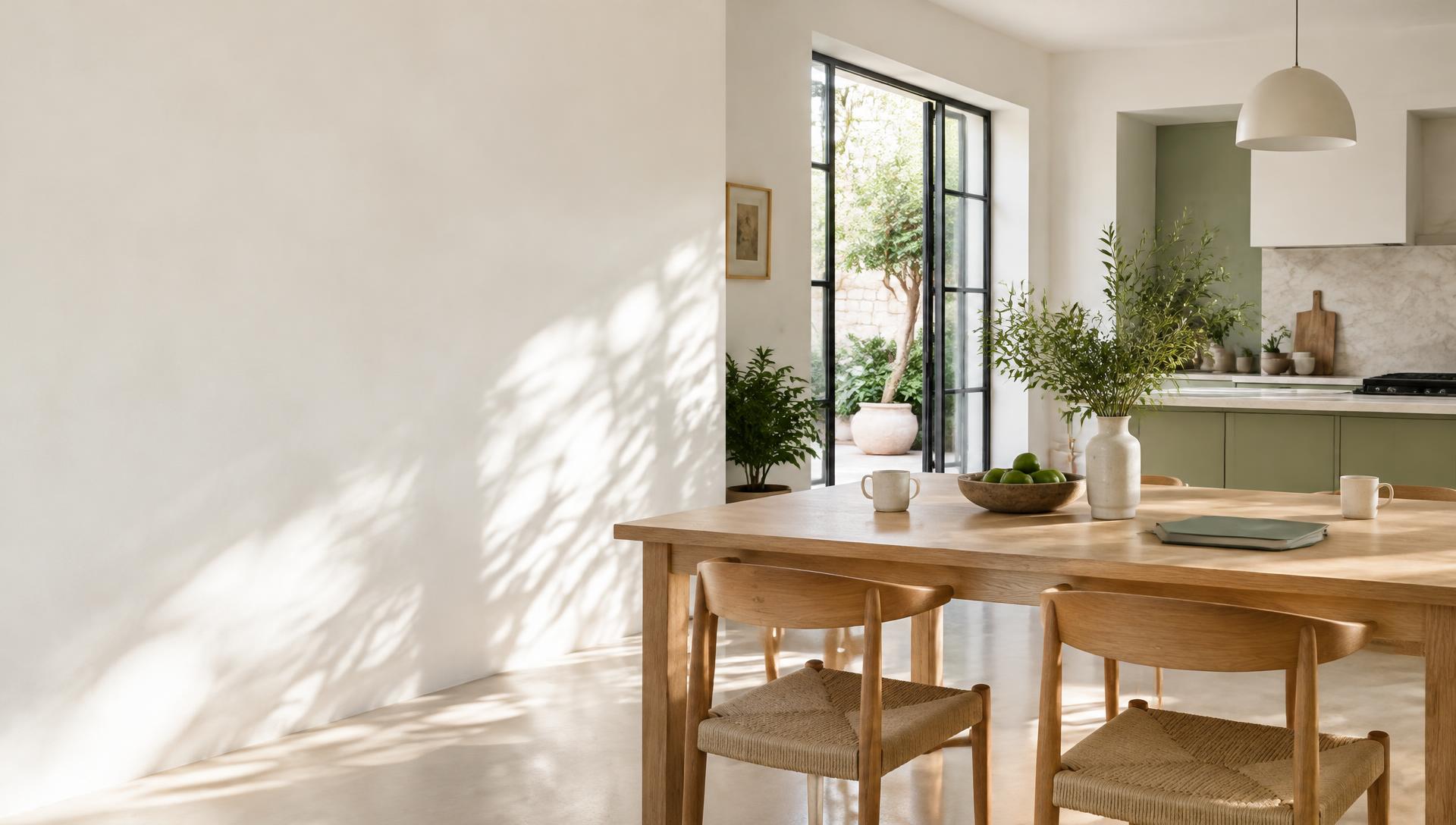 A bright, tidy kitchen with a table and two chairs overlooking a green courtyard